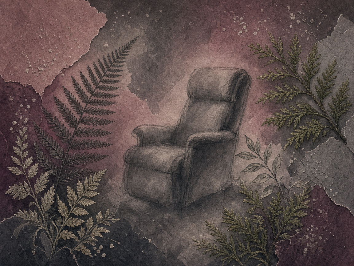 Paper collage illustration of a recliner framed by Pacific Northwest ferns