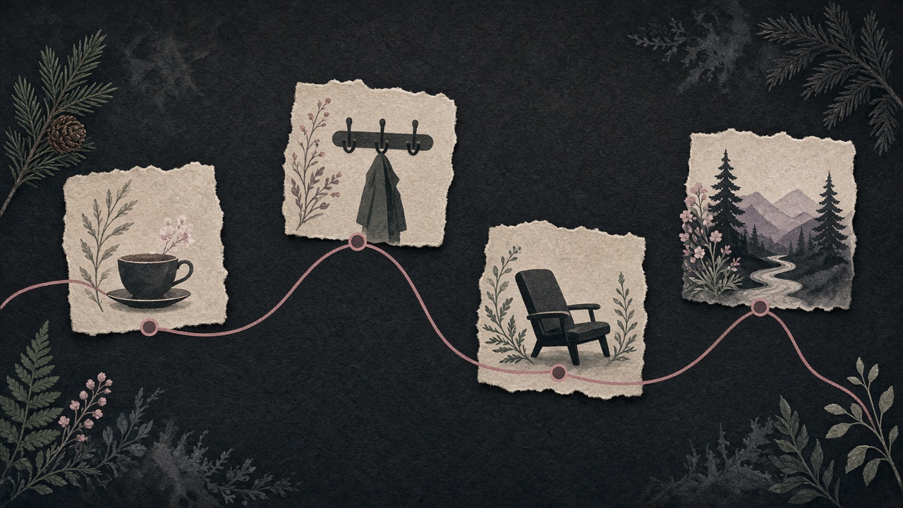 Illustrated visit path with tea, coat hook, recliner, and forest path stations