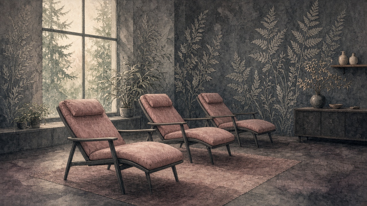 Soft illustrated communal treatment room with recliners and Pacific Northwest forest light