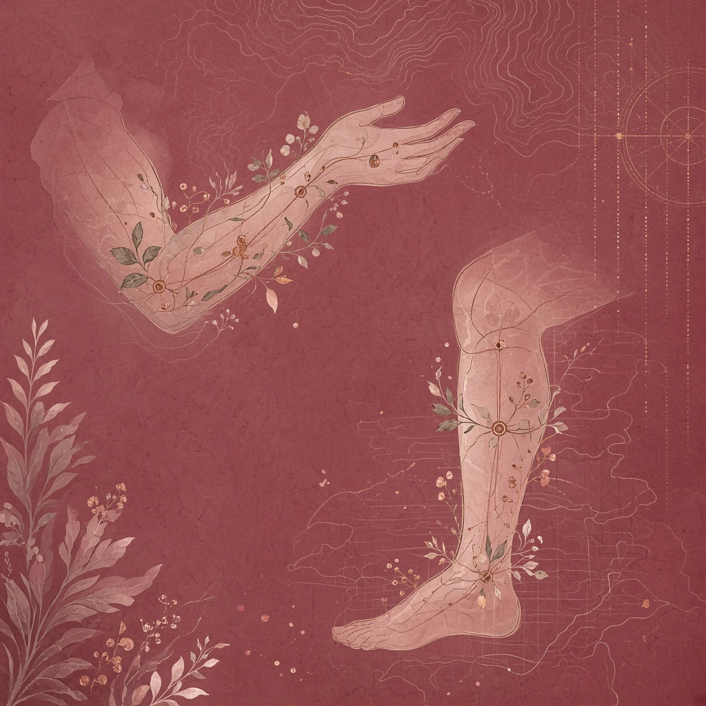 Soft botanical diagram of arm and leg point pathways without needles