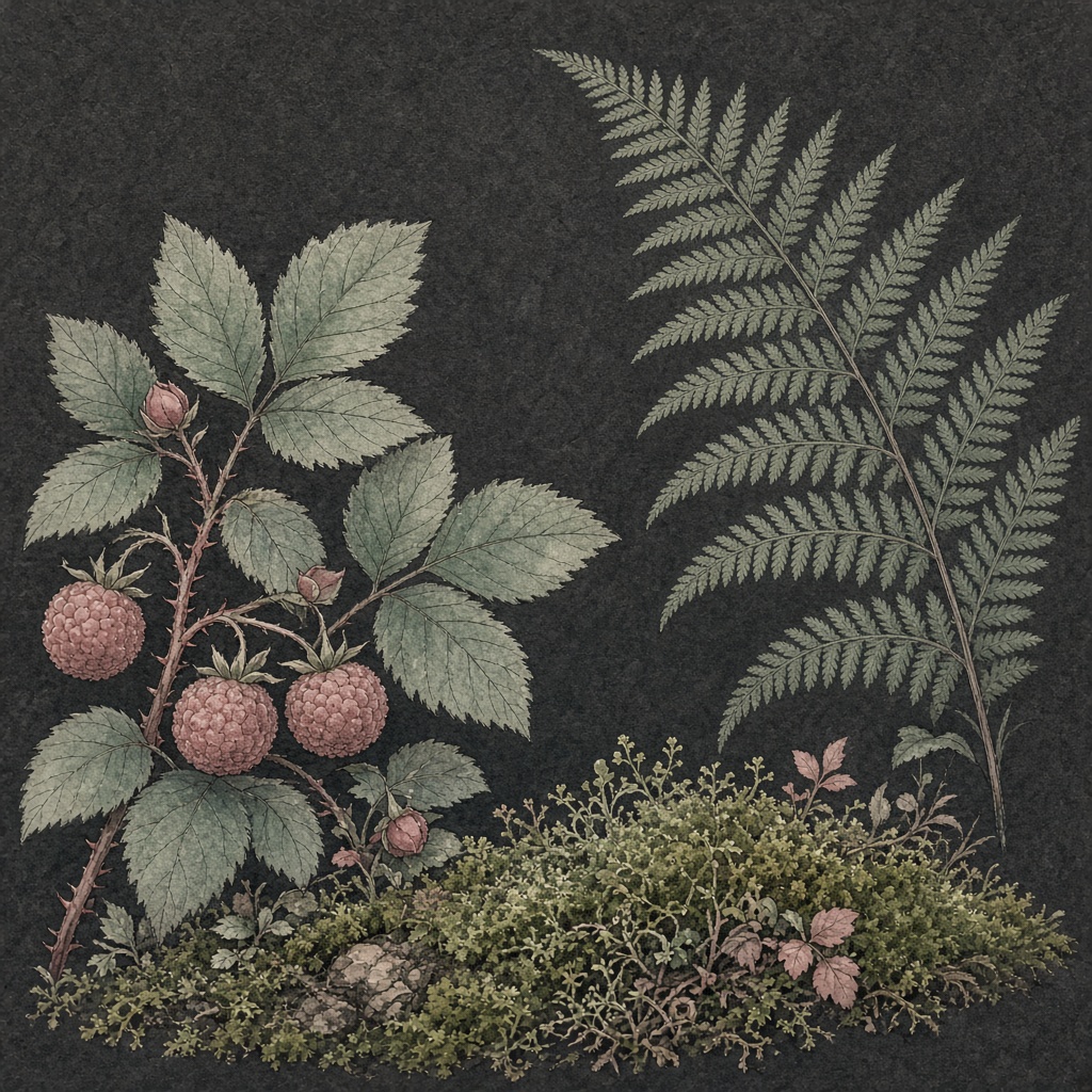 Pacific Northwest fern and salmonberry botanical illustration