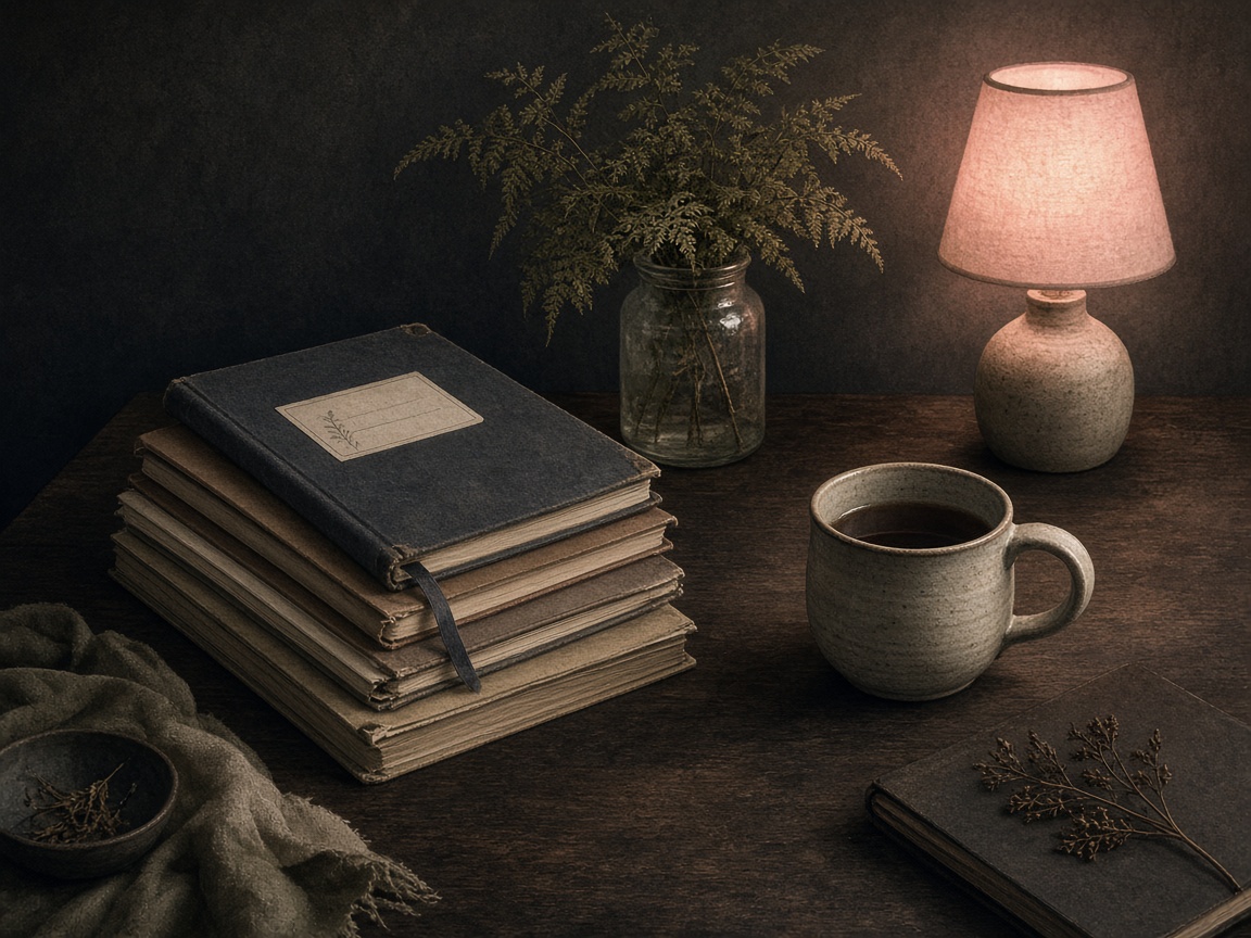 Studio desk still life with rose lamp